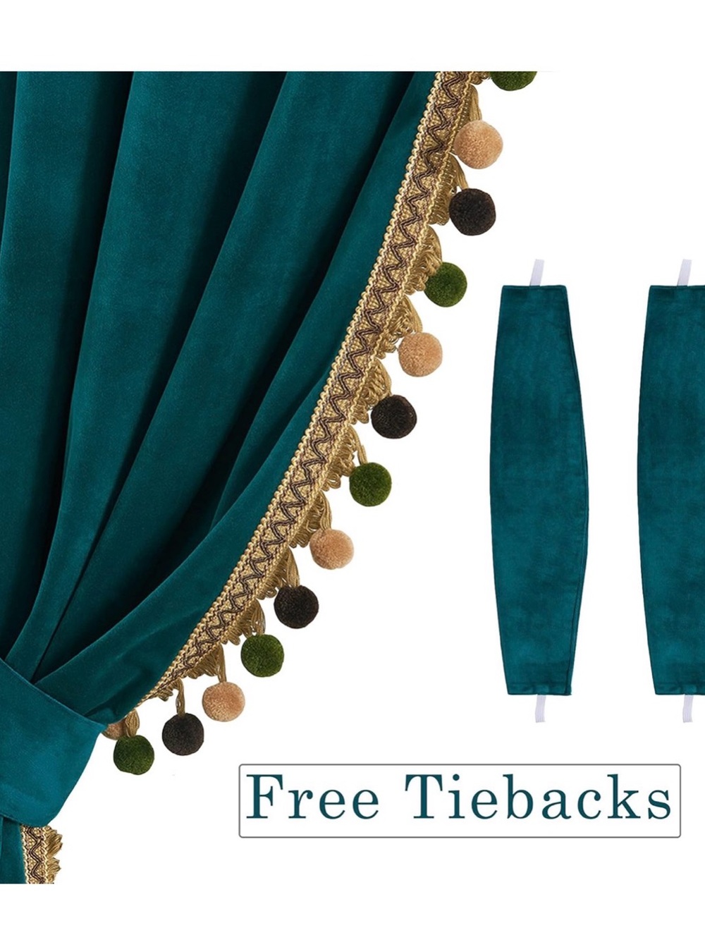 2 Panels Teal Velvet Window 96 “ Curtains with Gold Trim and Pom-Pom Accents - Picture 4 of 9